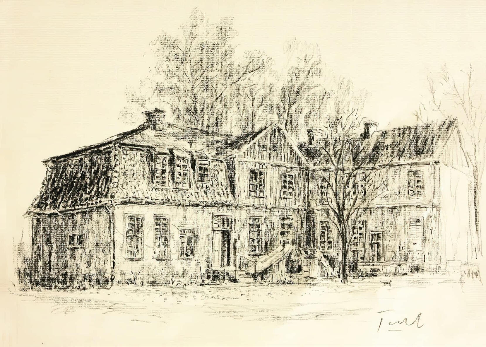 Fischer Manor in Nowy Port – colored pencil drawing by Andrzej Taranek, 2005.