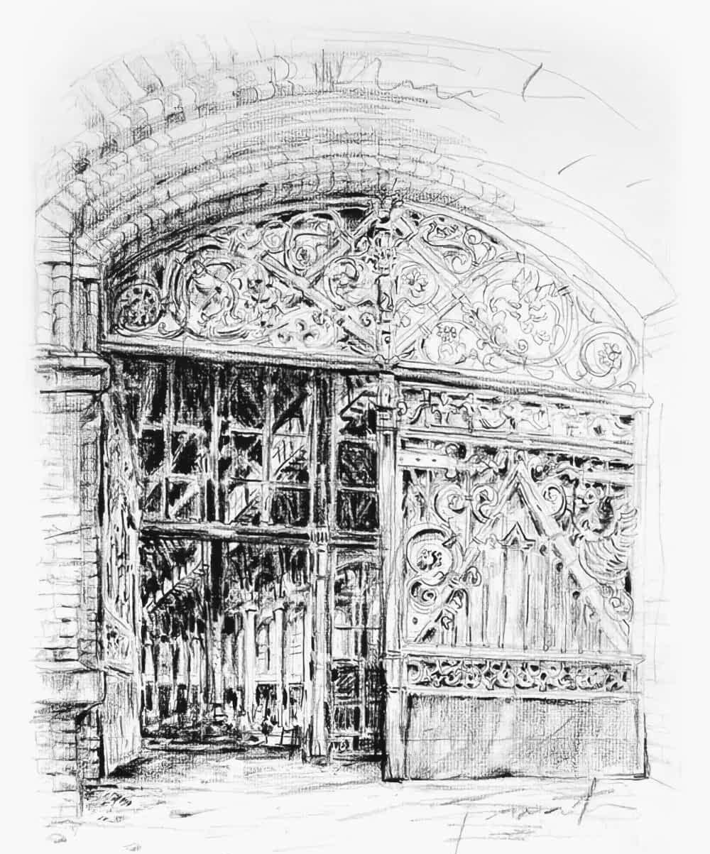 Charcoal and pencil drawing by Andrzej Taranek depicting an ornate, historic arched gateway in Gdańsk, with intricate wrought iron details and a view into a shadowed passage.